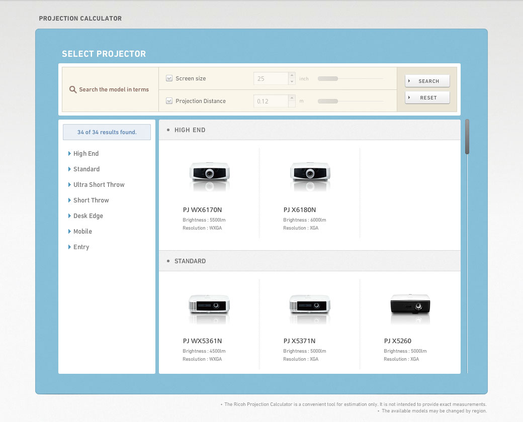 RICOH Projection Calculator